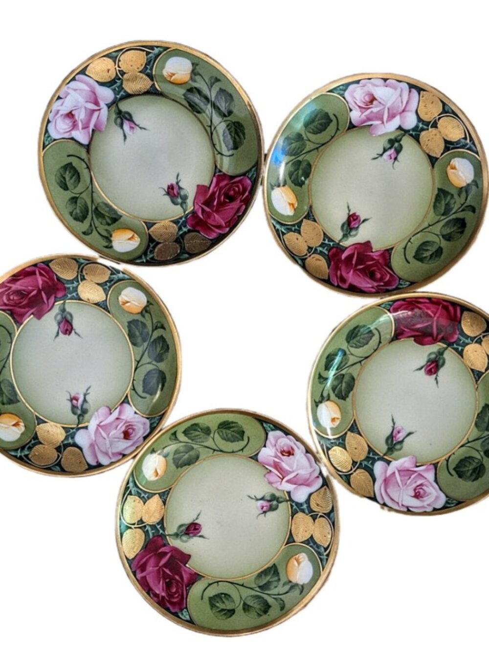 Five 6" Royal Munich Signed Hand Painted Roses Gold Gilt Bread Plate Bavaria